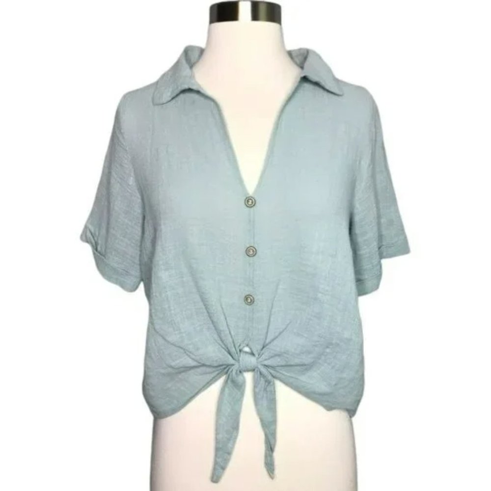 Urban Romantics Cropped Tie Waist Button Down Top Sage Green Small